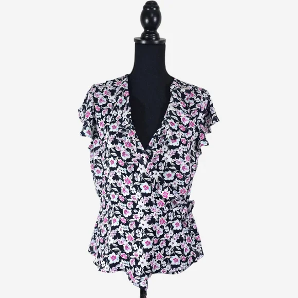 Floral Wrap Blouse Womens Medium Black V Neck Banana Republic - Picture 3 of 14